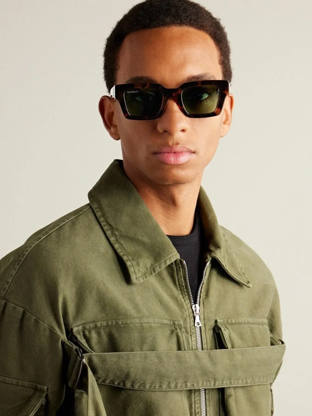 Off-White Tortoiseshell Rectangle Sunglasses with Green Lenses
